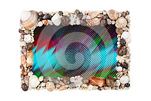 Abstract seashells digital picture frame broken screen white background isolated, electronic photo frame no image on display