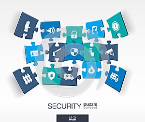 Abstract Security background with connected color puzzles, integrated flat icons. 3d infographic concept with technology, guard