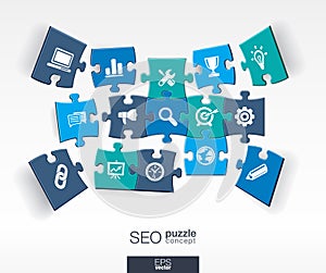 Abstract SEO background with connected color puzzles, integrated flat icons. 3d infographic concept with network, digital photo