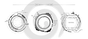 Abstract set of 3 HUD UI icon innovation concept elements design on white background