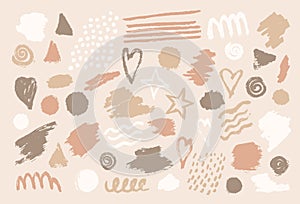 Abstract set of brush, splash, texture, drop, stroke of paint. Collection of earth tone colors heart, star, line, circle, round,