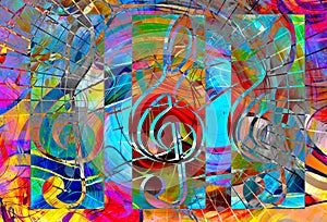 Abstract set of music clefs and lines with notes, music theme graphic collage.