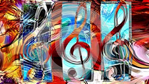 abstract set of music clefs and lines with notes, music theme graphic collage. Loop Animation.