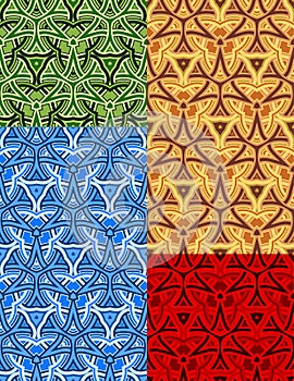Set of 4 seamless patterns with fashionable decorative ornament of red, blue, green, brown, and beige shades