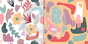 Abstract set with two seamless patterns, cut out organic shapes