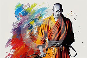 Abstract Shaolin monk portrait with colorful paint splash background