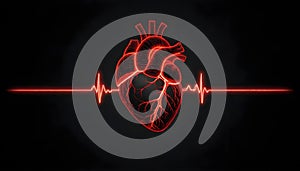 Abstract shape of human heart with digital red line of cardiac pulse. on a black background