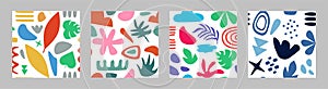 Abstract shape patterns, tropical leaves and doodle forms. Modern flat jungle texture, simple cool print. Decor textile