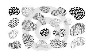 Abstract shape spray collection. Vector monochrome illustration set. Circle splash of varios dots, lines and tringle shapes
