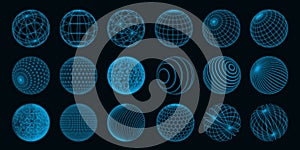 Abstract shapes. 3D line grid design spheres with dot particles. Technology globe figure elements. Neon blue. Concentric