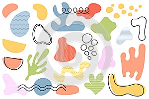 Abstract shapes and bubbles mega set in flat cartoon design. Bundle elements of colorful doodle wavy blobs, irregular decorative