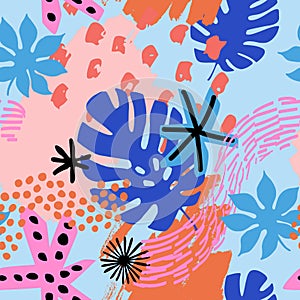 Abstract shapes, cartoon grunge texture, brush strokes, doodle, tropics florals background