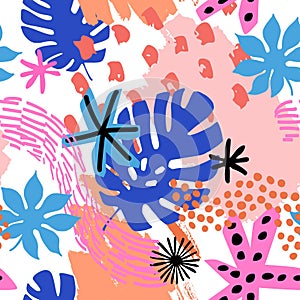 Abstract shapes, cartoon grunge texture, brush strokes, doodle, tropics florals background