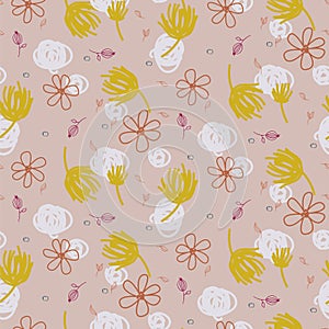 Abstract shapes and florals seamless pattern. Pale pink and mustard repeat background for wrap, textile and print design