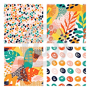 Abstract shapes geometric vector pattern set in bright colors with tropical leaves, brush strokes, animal texture print