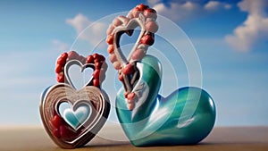Abstract shapes outlines of hearts on sand, sky in the background. The heart as a symbol of affection and love