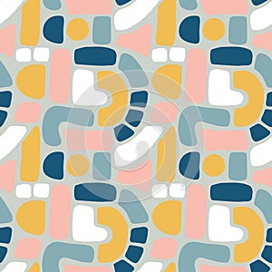 Abstract shapes seamless vector pattern. Blocks, arcs, dots in blue, gold, pink, white. Hand drawn texture background. Flat cut