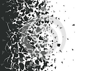 Abstract shatter background. Exploded black pieces scatter, shattered triangles destruction pattern. Broken particles photo