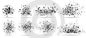 Abstract shatter burst. Geometric texture, dark triangles bursts and broken shattered debris vector set