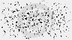 Abstract shatter particles. Random flying dark triangles particles, shattered texture and broken pieces isolated