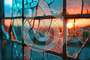 Abstract shattered glass window reflecting a stunning sunset landscape