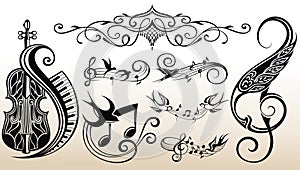 Decorative music design elements vector with treble clefs, notes, clef signs