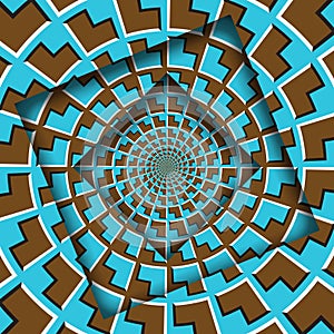 Abstract shifted frames with a moving blue brown arrows pattern. Optical illusion background