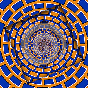 Abstract shifted frames with a moving orange blue brickwork pattern. Optical illusion background
