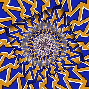 Abstract shifted frames with a moving orange blue polygons pattern. Optical illusion background