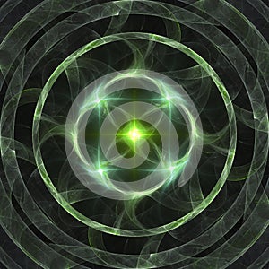 Abstract shining green star burning rings fractal banner or print background art