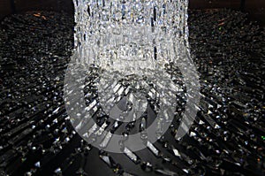 Abstract shining light with chandelier crystal in dark night. Luxury star light in dark for nackground concept.