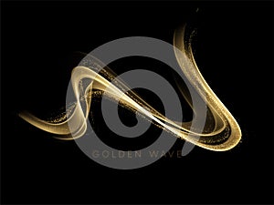 Abstract shiny color gold wave design element with glitter effect on dark background. Vector illustration