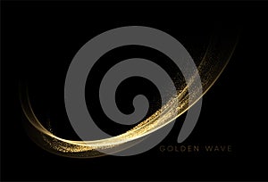 Abstract shiny color gold wave design element with glitter effect on dark background. Vector illustration