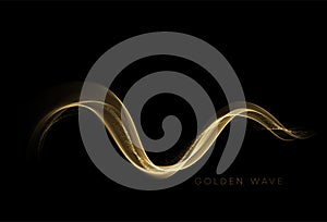 Abstract shiny color gold wave design element with glitter effect on dark background. Vector illustration