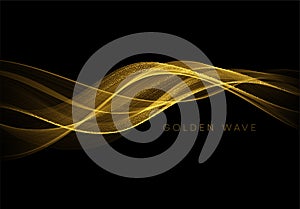 Abstract shiny color gold wave design element with glitter effect on dark background. Vector illustration