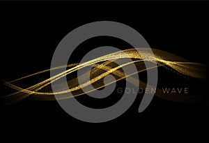 Abstract shiny color gold wave design element with glitter effect on dark background. Vector illustration