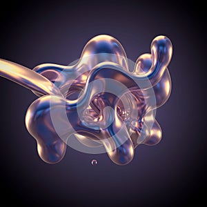 Abstract, shiny 3D shape with smooth, fluid-like curves and bulges. It has a glossy, photo