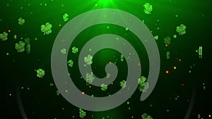 Abstract Shiny Floral Emerald Green Metal Three Leafed Clover Particles Symbol 3D Rendering And Glitter Dust Flying With Light Bur