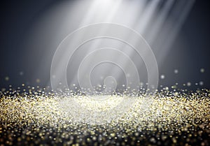 Abstract shiny golden glitter background with sun or light rays