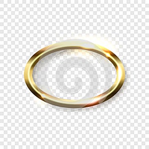 Abstract shiny golden oval frame with white empty space for text, on transparent background, vector illustration.