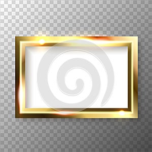 Abstract shiny golden rectangle frame with white empty space for text, on transparent background, vector illustration