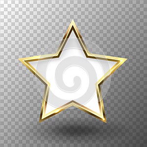 Abstract shiny golden star frame with white empty space for text, on transparent background, vector illustration.