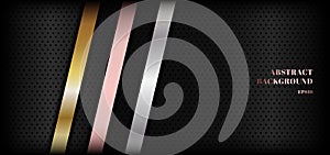 Abstract shiny metallic golden, pink gold, silver stripe diagonal on black premium background