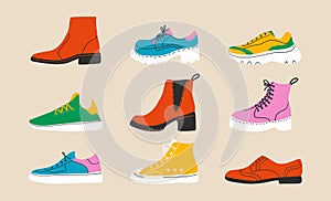 Abstract shoes icons. Set of walking boots, gym sport sneakers, hiking footwear, hand drawn isolated shoes. Vector