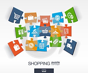 Abstract shopping background with connected color puzzles, integrated flat icons. 3d infographic concept with shop, money