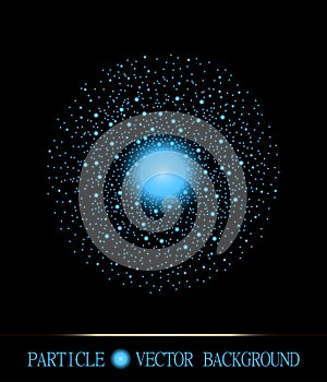 Abstract shpere of cyan glowing light particles space black background. Vector illustration