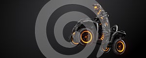 Abstract silhouette of a ATV Quad bike, All-Terrain vehicle, isolated on black background. Rider jumps on quad bike