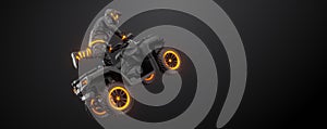 Abstract silhouette of a ATV Quad bike, All-Terrain vehicle, isolated on black background. Rider jumps on quad bike