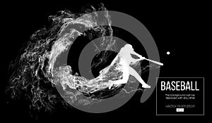 Abstract silhouette of a baseball player batter on black background from particles. Baseball player batter hits the ball