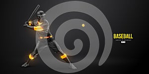 Abstract silhouette of a baseball player on black background. Realistic baseball player batter hits the ball. Vector